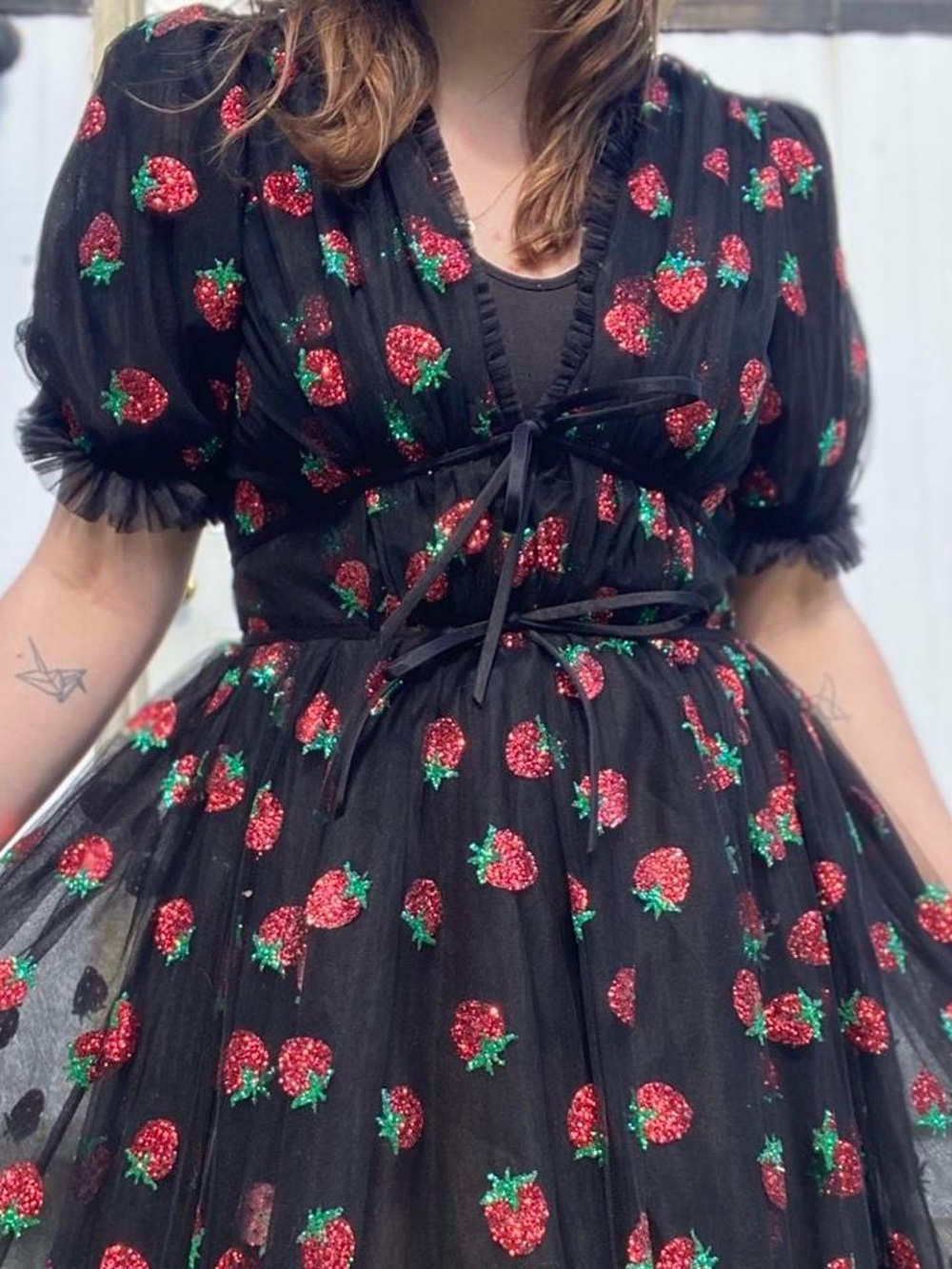 Lirika Matoshi Black Tulle Strawberry Glitter Midi Dress
